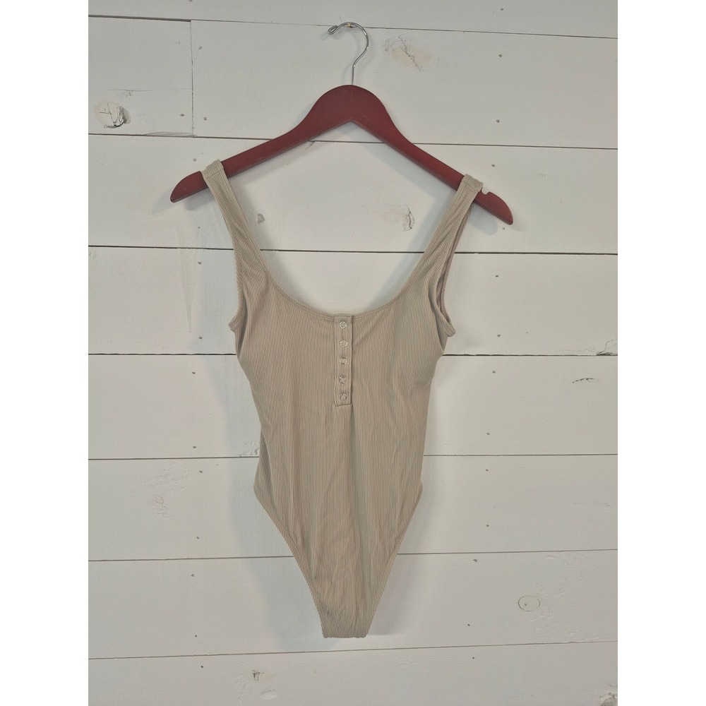 Tan Ribbed Henley Bodysuit Scoop Neck Snap Button Sleeveless Beige Small